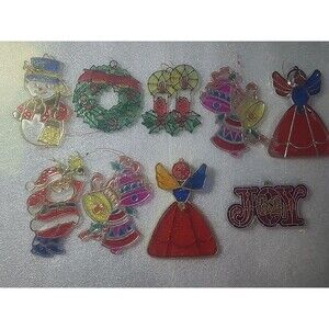 Lot Of 9 Vintage Plastic Stained Glass Look Christmas Ornaments Suncatchers MCM